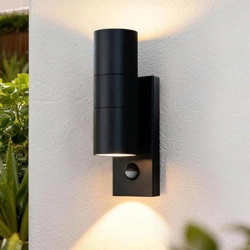 Image of NBHANYUAN Lighting Outdoor Wall Light with Motion Sensor,Up Down Light with PIR Sensor, IP44 Waterproof, Aluminium Modern Black Wall Light Mains Powered for Front Door, Porch, GU10 Bulb x 2 Excl.