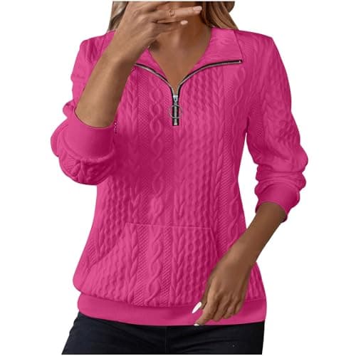 Image of Sweatshirts for Women Cable Knit Jumpers Lapel Half Zip Pullover Ladies Thermal Sweatshirt Long Sleeve Tops Winter Autumn Sweaters Warm Tunics for Office Work Daily Going Out Wear Hot Pink