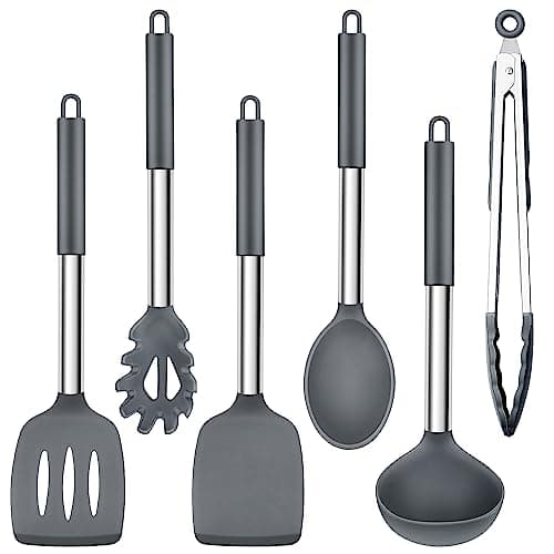 Image of Herogo Kitchen Utensils Set, 6-Piece Silicone Cooking Utensil Set, Heat Resistant Stainless Steel Handle Cooking Tools, Non-Stick Silicone Spatula Turner Spoon Set, Easy to Clean – Grey