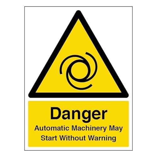 Image of V Safety Danger Automatic Machinery May Start - Portrait 150 x 200mm - 1mm Rigid Plastic Safety Sign