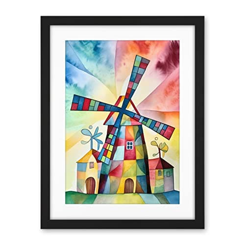 Image of Artery8 Windmill Folk Art Abstract Bright Artwork Framed Wall Art Print 18X24 Inch