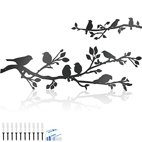 Image of 3Pcs Large Metal Birds Wall Art, Giyiprpi on Branch Decor Leaves with Silhouette Sculpture, Ornament Hanging Sign for Balcony Garden Indoor Outdoor Decor, 17*12IN, black