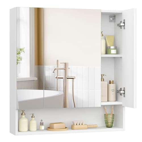 Image of Vasagle Kailyn Collection Bathroom Cabinet with 3 Doors, Mirror Cabinet, Open Compartment, Adjustable Shelves, 16.5 x 70 x 75 cm, Cloud White BBK129W01
