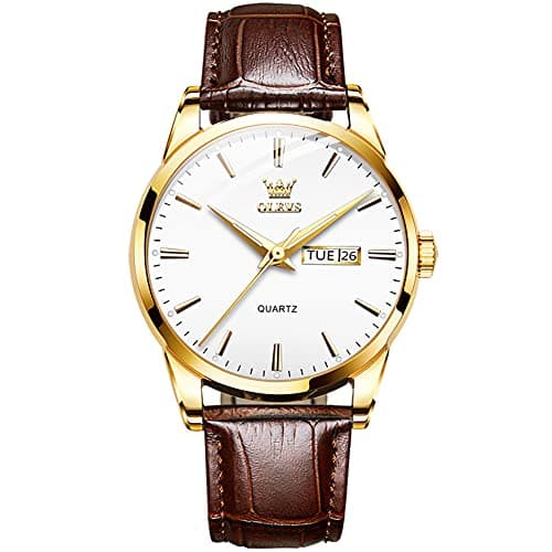 Image of OLEVS Watch for Men Analog Quartz Leather Strap Brown Adjustable Watch Men Simple White Face Stainless Steel Casual Minimalist Mens Watches Waterproof with Day Date Dress Mens Wrist Watches