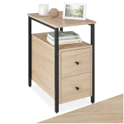 Image of tectake® Bedside Table with 2 Drawers & Open Storage Compartment, Nightstand with Black Steel Frame & Wood-Look Surfaces, Compact Side Table for Bedroom, Living Room, 30 x 49.5 x 61.5 cm - Light Wood