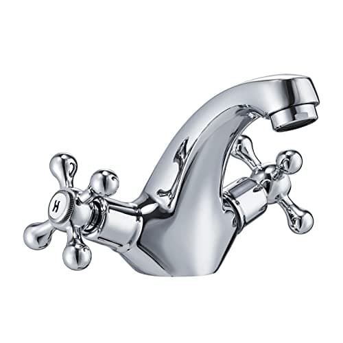 Image of Peppermint Basin Mixer Tap Bathroom Sink Taps Chrome Crosshead Basin Taps Mono Traditional Victorian Double Handles Bathroom Tap Mixer Faucet with Standard Hoese