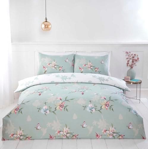 Image of Rapport home Hummingbird Floral Green Double Duvet Cover Set - Soft Easy Care Polyester Bedding with Pillowcases