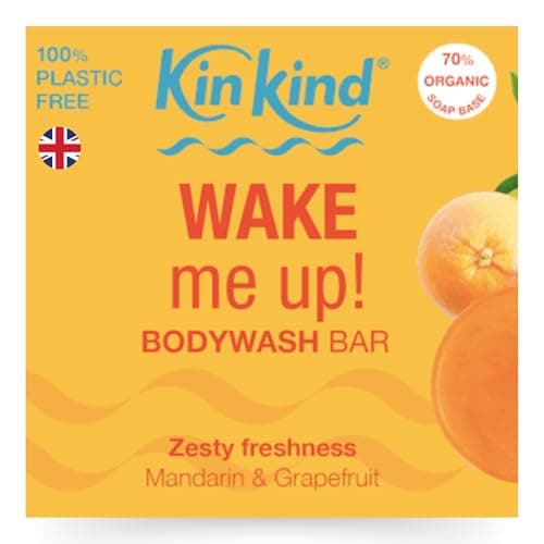 Image of KinKind WAKE me up! BodyWash bar. Zesty freshness with foaming Mandarin and Grapefruit fragrance. Up to 30 washes, plastic & paraben free. Vegan. UK hand-made.