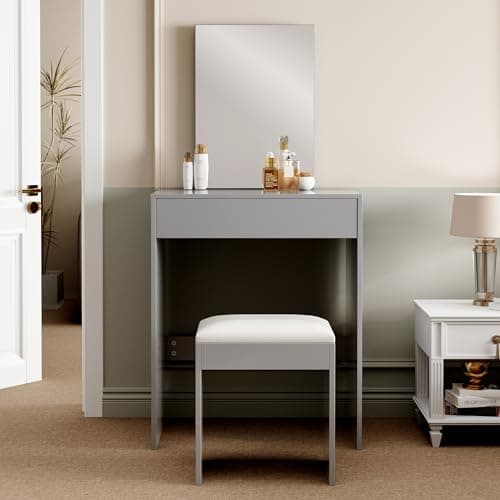 Image of mcc direct Dressing Table Set with Mirror & Stool, Vanity Desk with Large Drawer and Open Storage, Makeup Desk for Bedroom (Grey) - TAMPA