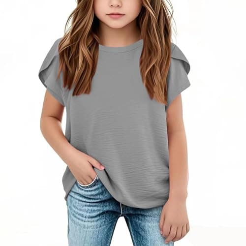 Image of Generisch Girls Tops Casual Summer Tops for Girls Short Sleeve Solid Color Crew Neck Soft Breathable Linen Blend Teen Girls, gray, 11-12 Years