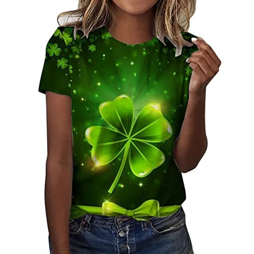 Image of - Round Neck Short Sleeve Love Printed T-Shirt Top, Green, S