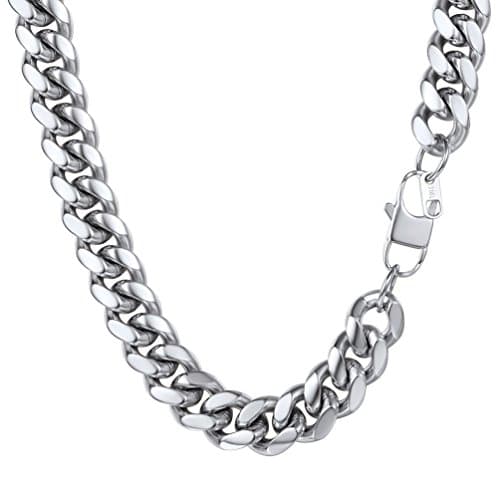Image of PROSTEEL Mens Cuban Chain Necklace, Silver Miami Chunky Curb Chain Hip Hop Jewellery, 14mm - 24 Inches, 316L Stainless Steel (with Gift Box)