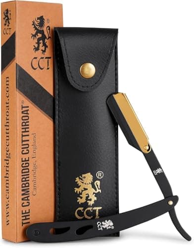 Image of The Cambridge Cutthroat® Cut Throat Razor Kit Black and Gold & Stainless Steel Professional Barber Razor, Premium Single Blade Straight Edge, Moustache & Beard Shaper, Travel Pouch Included