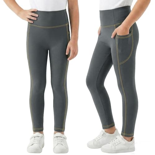 Image of FILOWA Girls Leggings Jeans Look Stretch Trousers with Pockets Full Length Denim Effect Legging Skinny Elastic Jeggings High Waist Tights Pants Casual School Outdoor for Childrens 6-7 Years, Grey