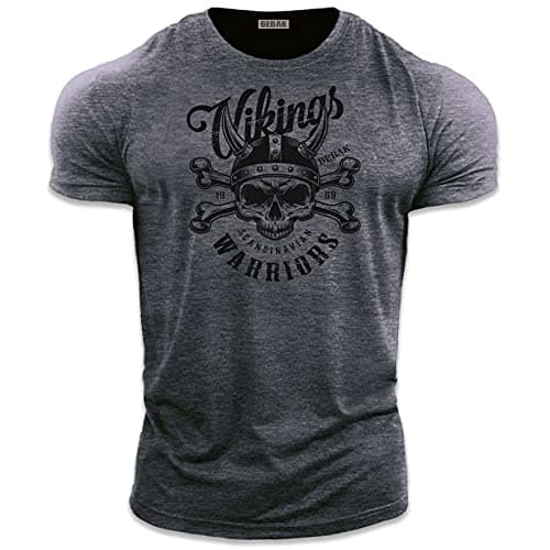Image of bebak Mens Gym T Shirt | Viking Warrior | Gym Clothes for Men | Arnold Bodybuilding T Shirt | Ideal for MMA Strongman Crossfit (UK, Alpha, L, Regular, Regular, Heather Petrol Blue)
