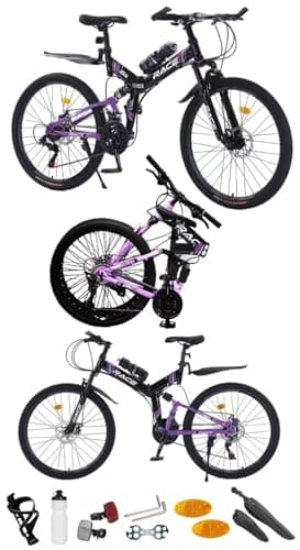 Image of Rexhan 24", 26”, 27.5 Inch Mountain Bike, Foldable Adult & Teenager Bicycle, City Bike, Commuter Cycle, Unisex Men & Women MTB, Dual Suspension,19 KG Lightweight, Dual Disc Brake, 21 Speed (24 Inch)