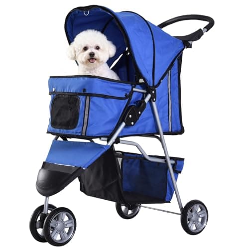 Image of PawHut Dog Stroller, 3 Wheels Foldable Cat Dog Pram with Cup Holder, Storage Basket, Pet Stroller for Small Miniature Dogs, Blue