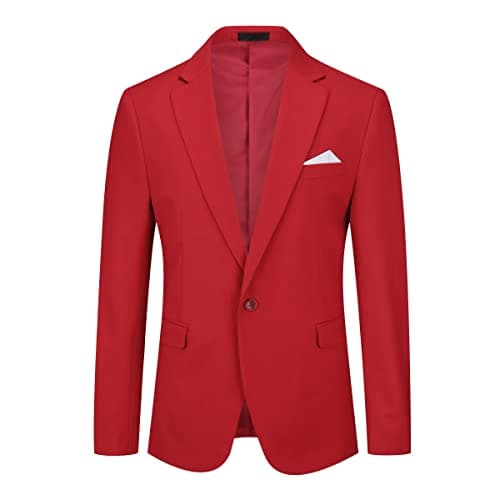 Image of YOUTHUP Mens Slim Fit Blazer 1 Button Formal Suit Jacket Classic Business Wedding Dress Tuxedo Blazers, Red, L
