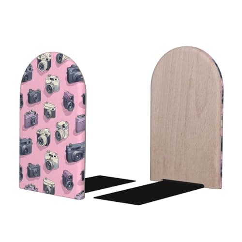 Image of Book Ends for Shelves 1 Pair - Retro Camera Pink Print Wood with Metal Base Bookends for Heavy Books, Book Stand Organizer Holder for Books Cds Movies for Home Office Decorative