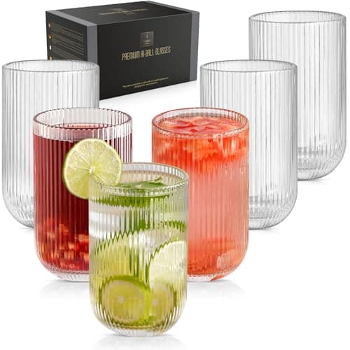 Image of TKNO 6X 410ml Ribbed Highball Glasses Tall Hi Ball Glass Water Gin Juice Cocktail Drinking Glassware Origami Style Fluted Ripple Beverage Tumblers Set, Ideal for Home, Restaurant, Events & Parties