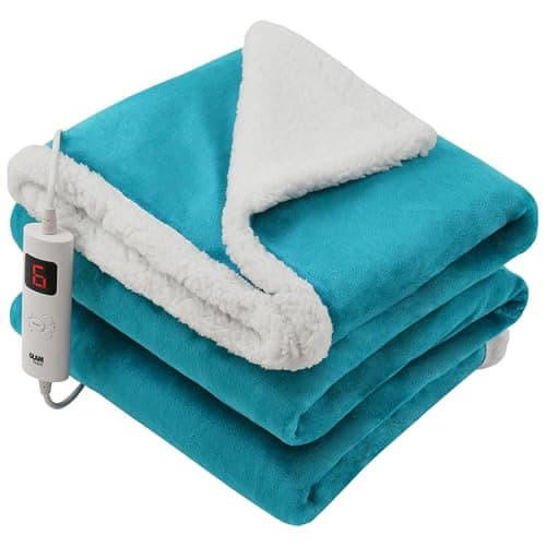 Image of GlamHaus Heated Throw Electric Light Blue Fleece Over Blanket Sofa Bed Large 160 X 130cm - 6 Heat and 3 Timer Auto Shut Off - Soft Reversible Design - Digital Control - Machine Washable (Light Blue)