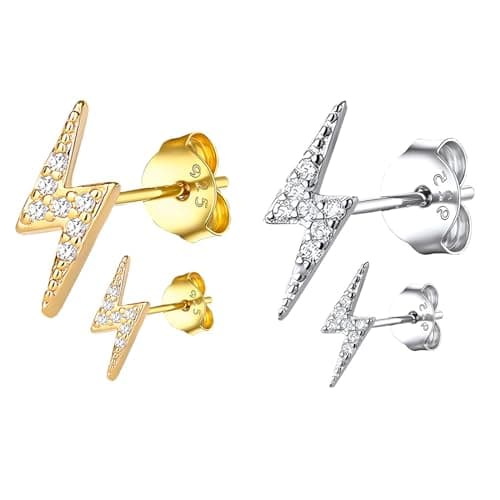 Image of HinDaLi 2 Pairs 925 Sterling Silver Stud Earrings for Women Men Girls Silver Diamond Lightning Bolt Earrings Women Earring Gold Lightning Point Earring Men Sleeper Small Piercing Ear Studs