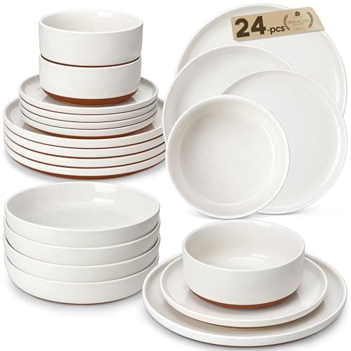 Image of MALACASA 24 Pieces Dinner Sets for 6 People, Modern Ceramic Dinnerware Set for 6, Stoneware Plates and Bowls Sets, Dishwasher & Microwave Safe Plates and Bowls Set for 6, White, Series Tara