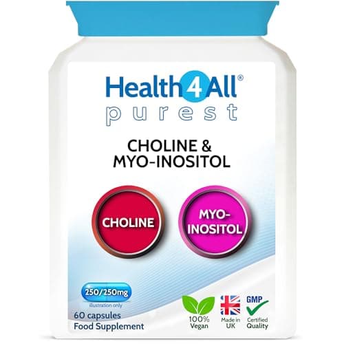 Image of Choline & Inositol 500mg 60 Capsules, Choline Bitartrate 250mg & Myo Inositol 250mg Vegan Supplement for Brain Health, Mood, Memory, Liver Function & Metabolism - Made in UK by Health4All