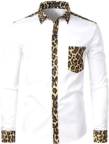 Image of PARKLEES Men's Hipster Leopard Design Slim Fit Long Sleeve Button Up Dress Shirts White S