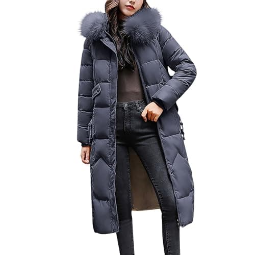 Image of Mrat Puffer Coat for Women UK Longline Padded Maxi Down Coats with Faux Fur Hood Winter Warm Thickened Quilted Parka Jacket Ladies Windproof Long Overcoat Loose Fit Windbreaker Jackets Outerwear M-4XL
