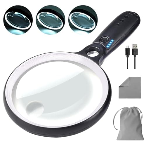 Image of Large Magnifying Glass with 37 LED Light, 10X 20X 45X Handheld Illuminated Lighted Magnifier with 3 Light Modes Rechargeable Magnifying Glass for Seniors Reading, Inspection (White & Black)