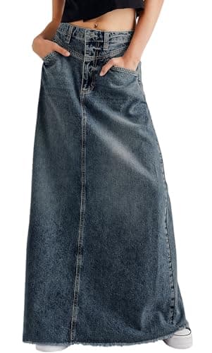 Image of CHARTOU Women Vintage Denim Maxi Skirt Frayed Raw Hem High Waist A-Line Long Jean Skirt, Blue, XL