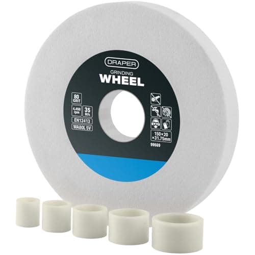 Image of Draper 150 x 20mm Aluminium Oxide Bench Grinding Wheel | 80 Grit HSS Tools Sharpener | 5 Reduction Rings | Dry Cutting | 31.75mm Bore | 99569