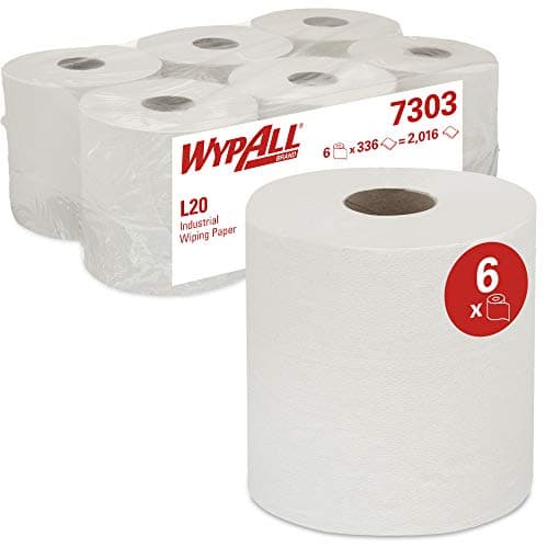 Image of WypAll Industrial Wiping Paper L20 7303, 2-Ply, Centrefeed Roll, Airflex Technology, High Absorbency for Heavy-Duty Cleaning, White, 6 Rolls x 380 Sheets (2,280 Total)