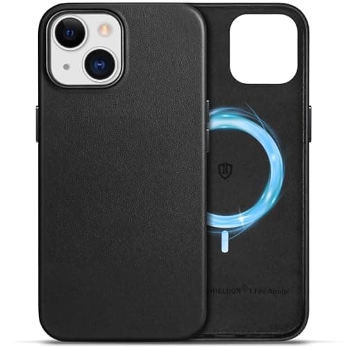 Image of SHIELDON Case for iPhone 15 6.1", Genuine Leather Magnetic Case [Slim Fit][Anti-Scratch][Non-Slip][Wireless Charging] Shockproof Protective Cover with [Metal Buttons] Compatible with iPhone 15 - Black