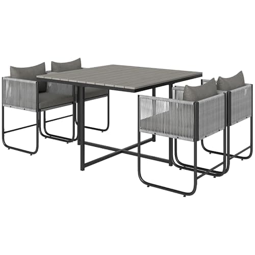 Image of Outsunny 4 Seater Rattan Cube Garden Furniture Set, Rattan Dining Set with Cushions, Outdoor Dining Table and Chairs with Rectangular Wood Grain Plastic Top Table for Patio, Balcony, Grey