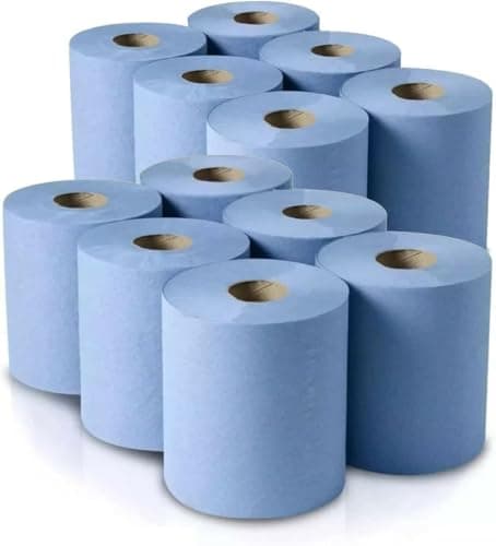 Image of 12 X Blue Roll Centrefeed 2 Ply Kitchen Rolls Embossed Pattern Paper Towels Strong and Absorbent Tissue Paper Wipe Away Perfect for Commercial & Kitchen Use