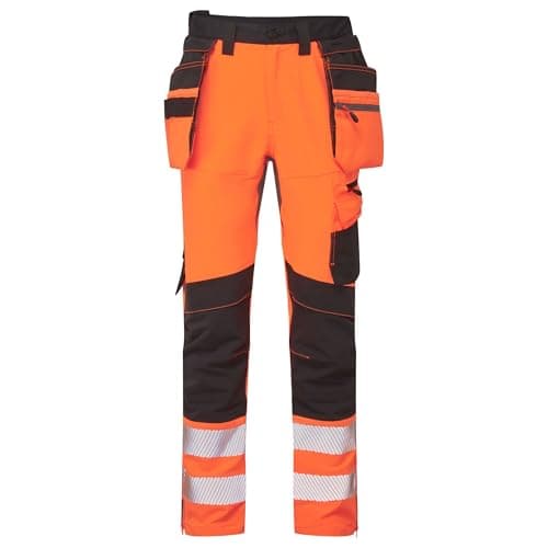 Image of Portwest DX454 DX4 Hi Vis Detachable Holster Pocket Craft Work Trousers Four Way Stretch Fabric High Rise Back Waistb Triple Stitched Seams EN ISO 20471 Class 1, Orange/Black, 38