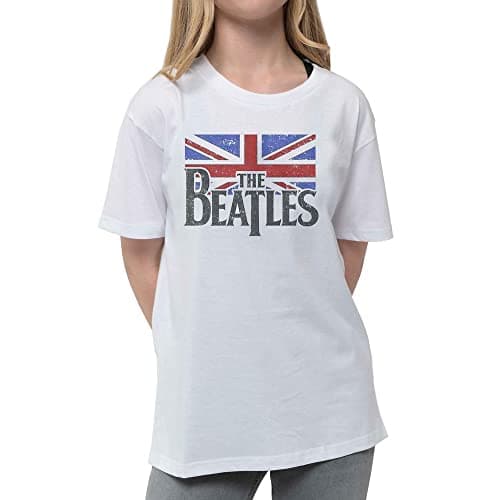 Image of The Beatles Kids T Shirt Logo & Vintage Flag Official White (Ages 7-14 yrs) M