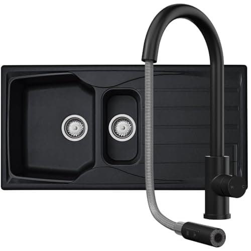 Image of Liquida CMP15BL 1.5 Bowl Reversible Black Kitchen Sink and Pull Out CT453MB Tap
