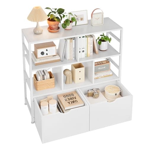 Image of Dripex 4 Tier Wooden White Bookcase, 33D x 100W x 90H cm, 5 Compartments & 2 Drawers with Swivel Casters，Floor Standing Book Shelf with Steel Frame, Display Storage Shelf for Living Room or Office