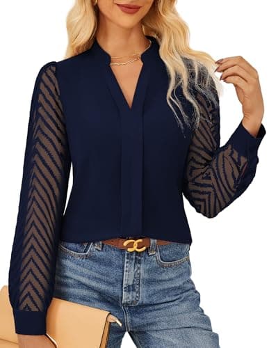 Image of GRACE KARIN Ladies 2025 Fall Blouse Shirts Chiffon Long Sleeve Blouses Classic Henry V Neck Tops Wedding Guest Outwear Navy Blue XL