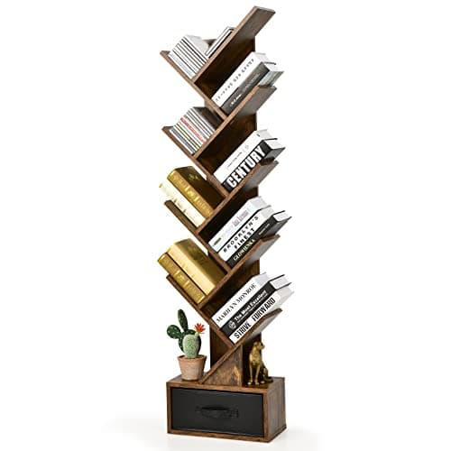 Image of COSTWAY Tree Bookshelf, 10-Tiers Floor Standing Wooden Bookcase Storage Shelving Unit, Narrow Magazine Book Display Rack for Living Room, Bedroom and Office (Rustic Brown, with Drawer)