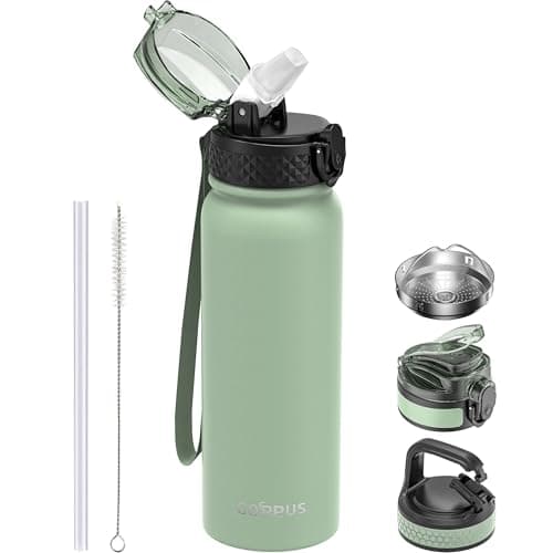 Image of GOPPUS 600ml/20oz Stainless Water Bottle with Straw Double Wall Insulated Bottles with Strap One Hand Open Vacuum Thermal Flask Leakproof Keep Cold Bottles with Flip Top Lid BPA Free (Sage Green)