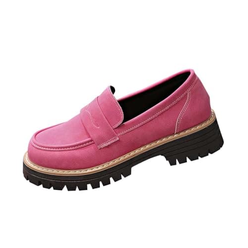 Image of Womens Loafers Casual Comfortable Wide Fit Ladies Loafers Cushioned Chunky Sole Versatile Stylish Slip On Low Wedge Heel Shoes Work Office Outdoor Pink