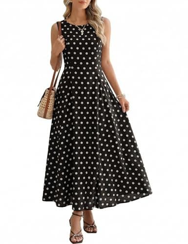 Image of Fengbay Polka Dot Dress for Women UK Sleeveless Round Neck A-Line High Waist Drapey Long Party Casual Summer Women's Dresses Black