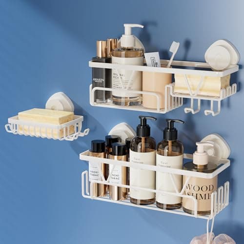 Image of KEGII Suction Shower Caddy - Shower Storage Suction Cup Stainless Steel Bathroom Shelves with Soap Holder, Cream White Bathroom Caddy No Drilling