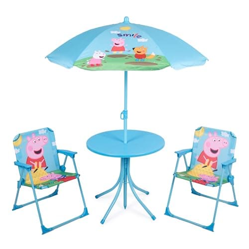 Image of Relsy Peppa Pig Patio Set Kid's Garden Furniture, 4-Piece Kids Blue Girls & Boys Childrens Patio Set With Table, 2x Chairs, Adjustable Parasol, Official George & Peppa Pig Bistro