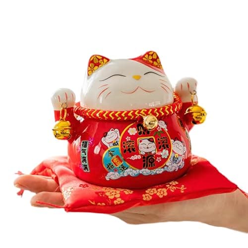 Image of Tissting Lucky Cat Money Box 4.5in/12cm Ceramic Feng Shui Decor for Home Office - Maneki Neko Cat with Bells Fengshui Thriving Business Savings Jar for Birthday Christmas New Year Gift