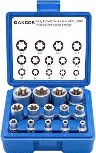 Image of DAKCOS 14pcs Female E-Torx Star Socket Set, External Socket Set 1/4" 3/8" and 1/2" Drive Sockets E4-E24 Made of CR-V with Matt Chrome Finish